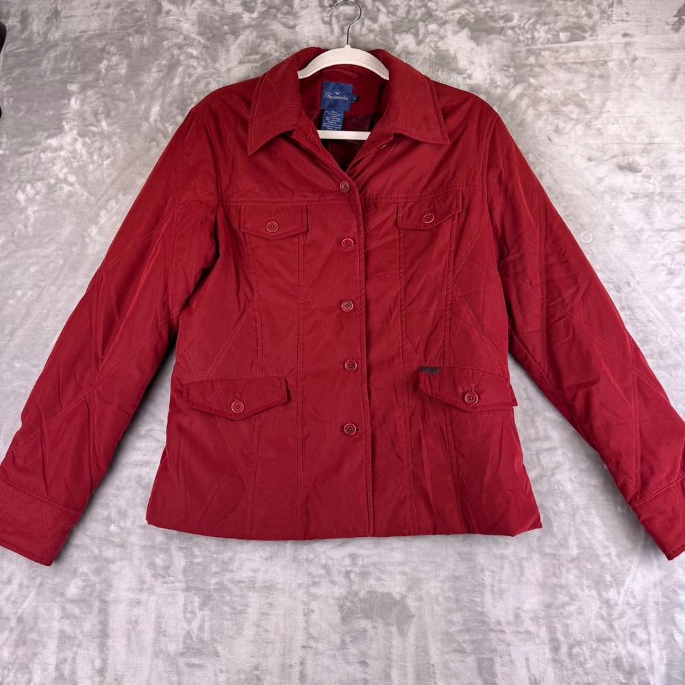 Façonnable Quilted Button Down Jacket Womens M Red Collared Long Sleeve (1400)‎